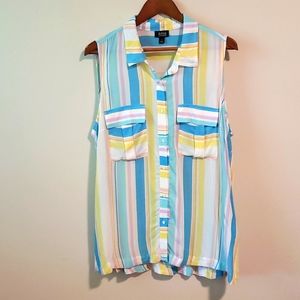 Like New! Pastel Striped Sleeveless Collared Button Up Shirt POCKETS L/XL